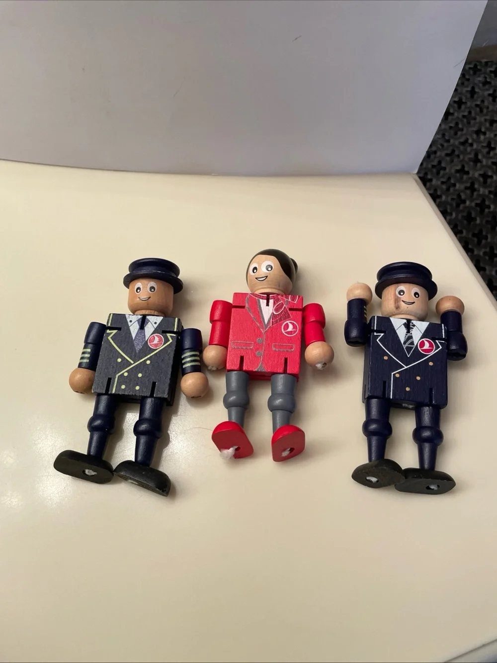 Lot Of 3 Turkish Airlines Natural Wooden Toys Flight Attendant, Pilot & Captain